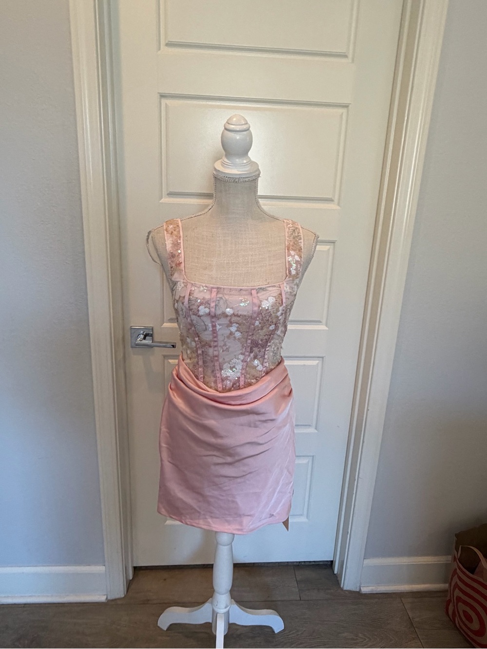 Pearl-Embellished Pink Satin Mini Skirt